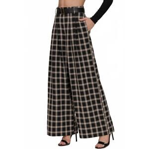 NEW ACTIVE BASIC belted plaid wide long pants in black